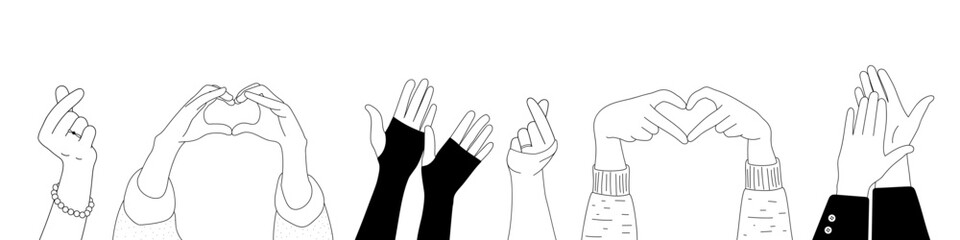 Doodle sketch hands up gestures comic icons silhouettes vector set. Group of line art fun comic hands in the air. Voting or happy congratulation audience recognition symbols.