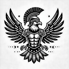 Stylized eagle with warrior armor and wings.