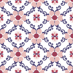 Red, blue, and white floral embroidery, motif ethnic ikat seamless textile illustration, print striped ornament, pattern, design for wrapping, silk, scarf, clothing, textile, carpets, curtains.