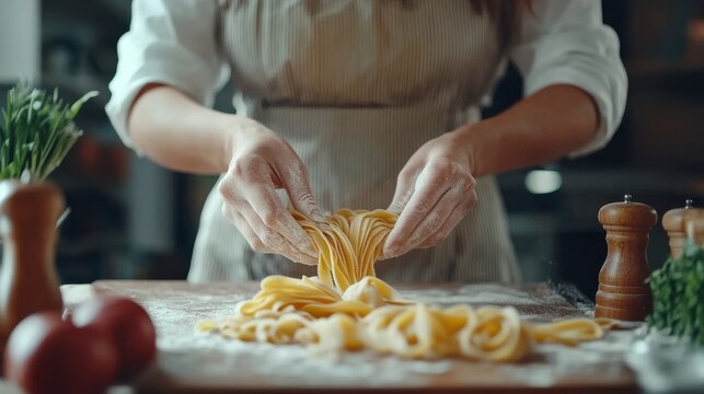Close up of a woman preparing fresh homemade pasta in traditional italian culinary craftsmanship