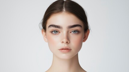 Obraz premium A minimalist portrait of a young woman with defined eyebrows and cream under her eyes