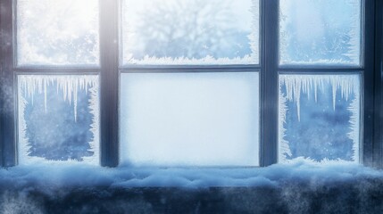 Frosty Winter Window with Icicles - Cold Season Scene