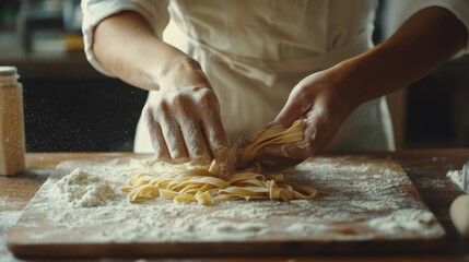 Close up of woman preparing fresh homemade pasta in traditional italian cooking style