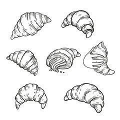 Line art croissant sketch. Black and white outline food illustration 