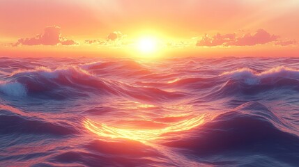 Fototapeta premium Ocean waves sunset, fiery sky, tranquil scene.