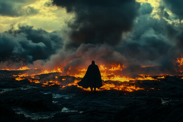 A mysterious dark figure, cloaked in black, stands on an island of burning lava, surrounded by swirling smoke and ominous clouds.