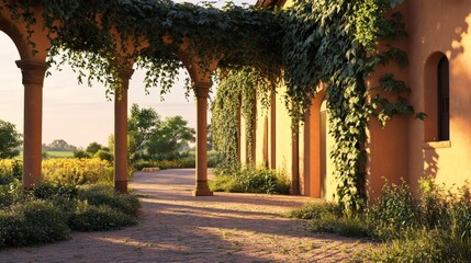Naklejka premium Serene Pergola with Climbing Vines at Golden Hour