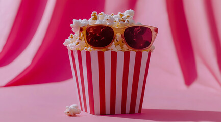 Cinematic photograph of popcorn in a striped red and white bucket, wearing sunglasses