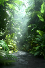 Lush Jungle Path, Sunlight Streaming, Tropical Plants, Background Mist, Travel Brochure.