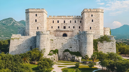 Fototapeta premium Majestic Italian Castle, Mountain backdrop, sunny day, travel brochure.