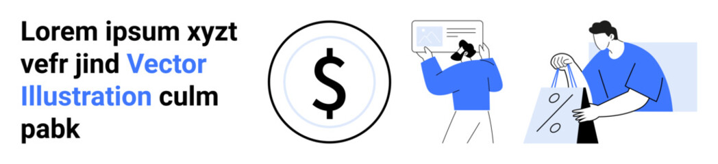 Man holding credit card and shopping bags, large dollar icon. Ideal for e-commerce, fintech, online shopping, digital payments, financial apps, sales presentations marketing content. Landing page