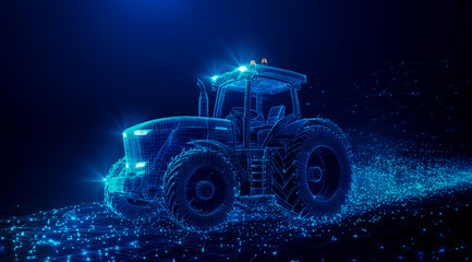 Digital technology background with a wireframe tractor on a dark blue background