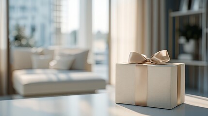 Beautifully wrapped gift box with a soft ribbon on a clean white desk, set in an elegant and airy room.