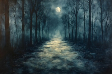 Fototapeta premium Moonlit Forest Path Mystical Night Scene, Foggy Woods, Atmospheric Painting, Ideal for Fantasy, Horror, or Mystery Themes.