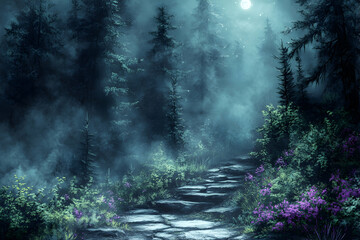 Moonlit Forest Path Mystical stone steps winding through foggy evergreen woods under a full moon, ideal for fantasy game backgrounds.