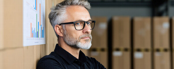 A thoughtful man with glasses stands beside stacked boxes, reflecting in a warehouse environment.