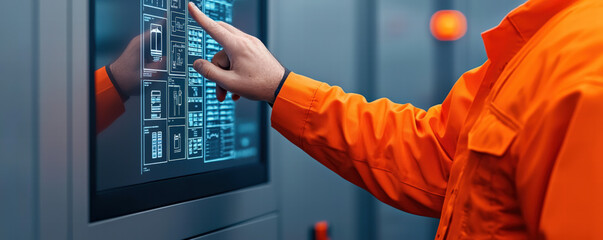 A worker in an orange uniform interacts with a touchscreen control panel, displaying data and settings in a technical environment.