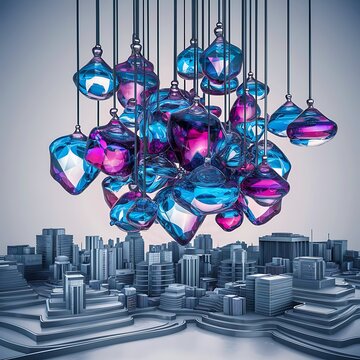 Vector abstract 3d crystal a view of the roofs of the city a large chaotic set of glass pendants