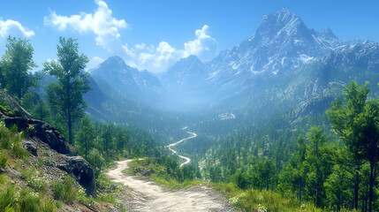 Obraz premium Mountain road winding through valley, scenic landscape, travel brochure background.