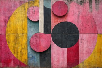 Fototapeta premium Vibrant geometric mural with circles and rectangles in shades of pink, yellow, and blue, creating a striking visual contrast.