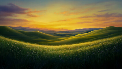 Naklejka premium A picturesque meadow with rolling hills, bathed in the soft, golden glow of a calm sunset, creates a serene and enchanting landscape.