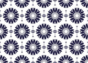 dark blue symbol floral on White background, ethnic fabric seamless pattern, design for cloth, carpet, batik, wallpaper, wrapping etc.