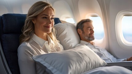 Fototapeta premium A woman and a man are sitting on a plane