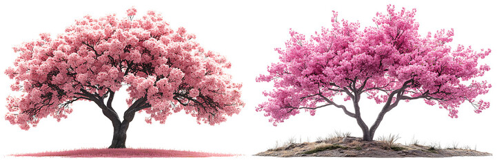 Naklejka premium Set of a vibrant pink cherry tree in bloom, isolated on a transparent background.