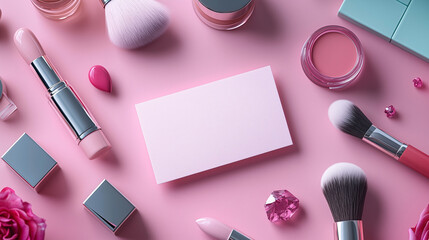 Flat lay of beauty products on a pink background with a blank card for branding, copy space