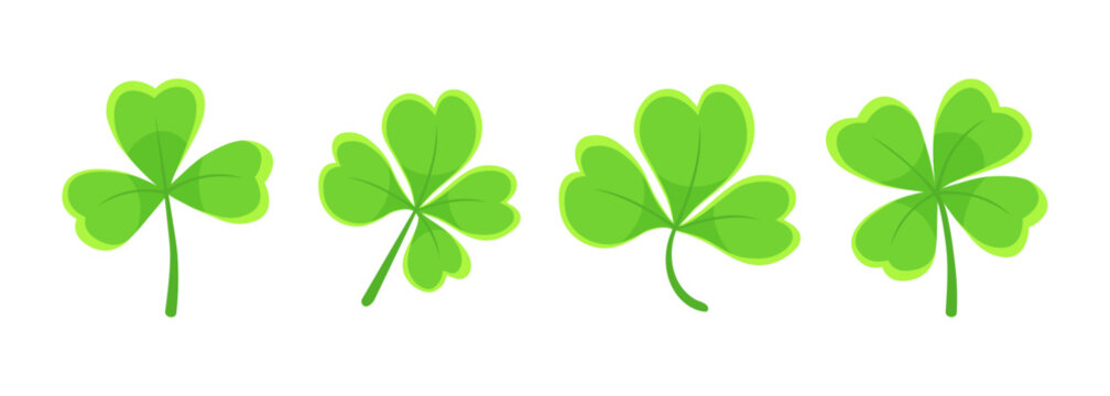 Lucky four, three clover shamrock leaf icon flat style vector illustration set. Irish celtic St Patrick Day logo shamrock clover leaf symbol collection. Luck and happiness floral Irish ornament.