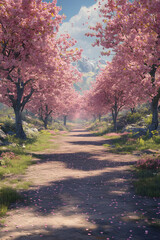 Naklejka premium Scenic Pink Cherry Blossom Path, Mountain Background, Spring Landscape, Travel Poster.