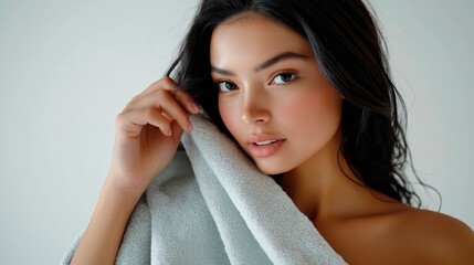 A minimalist portrait of a woman with dark hair wrapped in a towel, adjusting it with one hand