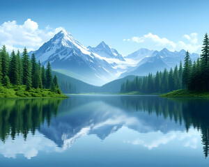 Serene mountain lake reflecting snow-capped peaks under a clear sky, perfect for travel brochures or nature documentaries.