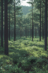 Obraz premium Serene Pine Forest Path, Misty Mountain Background, Nature Wallpaper.