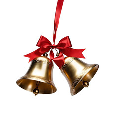 Two golden Christmas bells with red ribbon bow hanging isolated on white background with clipping path, object for creative design