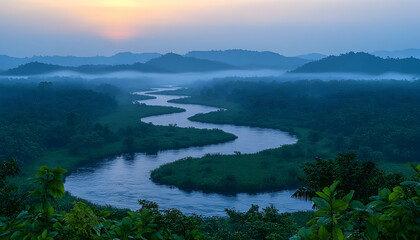 Serpentine River Sunrise, Misty Landscape, Travel Poster.