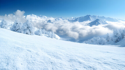 Snowy mountain landscape, winter wonderland, scenic view, cloudscape, travel poster.