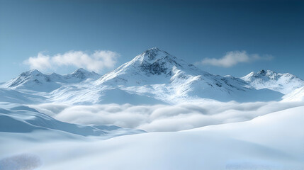 Snowy mountain range, winter landscape, cloudscape, serene view, travel poster.