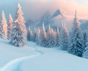 Snowy mountain path, winter wonderland, sunrise, fir trees, postcard.