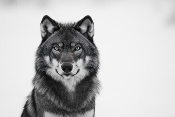 Wolf with piercing eyes, sitting on a white background, showcasing wilderness