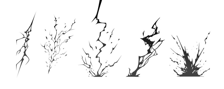 Lightning strike bolt silhouettes sequence vector illustration. Black thunderbolts and zippers are natural phenomena isolated on a dark background. Thunderstorm electric effect of light shining flash.