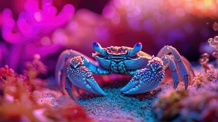 Detailed image of a crab on the ocean floor surrounded by vibrant corals and fine sand textures under filtered light.