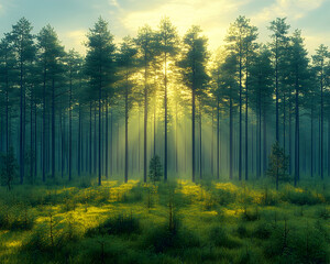 Fototapeta premium Sun rays pierce misty pine forest at dawn, creating a magical landscape perfect for travel brochures or nature documentaries.