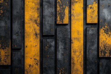 A textured abstract wall made of dark gray and vibrant yellow blocks, creating a bold industrial aesthetic.