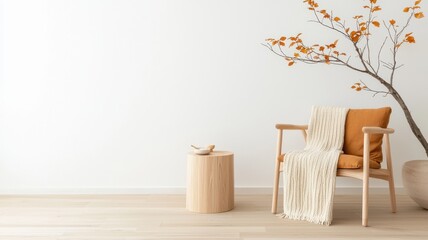 A minimal spa room that inspires relaxation. Cozy interior with a chair, blanket and decorative branch on a minimalist background.