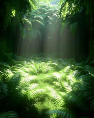 Obraz premium Sunbeams illuminate lush jungle fern ground; vibrant green foliage; background rainforest; ideal for game backgrounds.