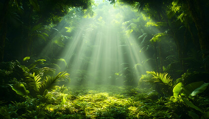 Sunbeams illuminate lush jungle path, vibrant foliage, background mystery, ideal for adventure travel brochures.