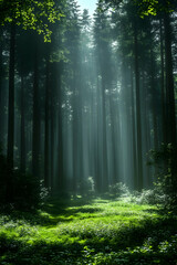 Fototapeta premium Sunbeams Illuminate Mystical Forest Path.