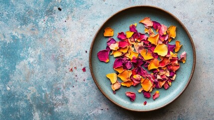 Flat lay of a colorful plate with dried flower petals, highlighting an artistic and natural aesthetic.