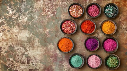 Flat lay of multicolored rangoli powders in circular bowls, photographed on a simple, clean surface with no distractions.